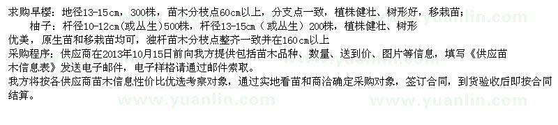 求購地徑13-15公分早櫻、桿徑10-12公分柚子