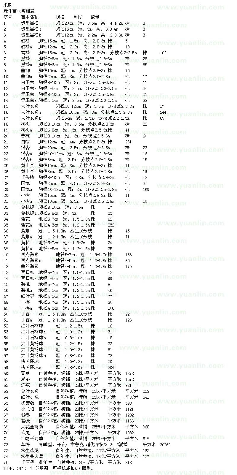 求購黑松、雪松、大葉女貞、白蠟等