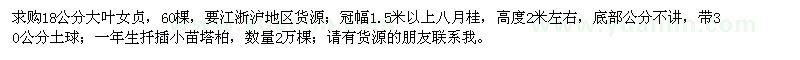 求購18公分大葉女貞、冠幅1.5米以上八月桂、一年生塔柏