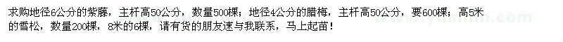 求購地徑6公分紫藤、地徑4公分臘梅、高5米雪松