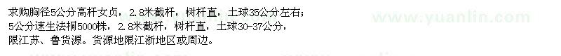 求購胸徑5公分高桿女貞、5公分速生法桐