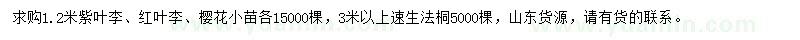 求購(gòu)紫葉李、紅葉李、櫻花小苗等