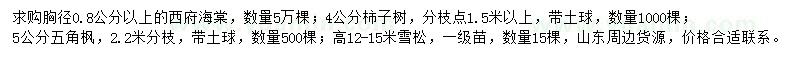 求購西府海棠、柿子樹、五角楓等