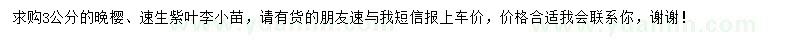 求購3公分晚櫻、速生紫葉李小苗