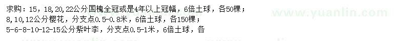 求購國槐、櫻花、紫葉李等