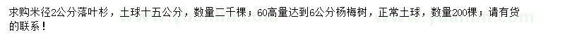 求購米徑2公分落葉杉、60量6公分楊梅樹