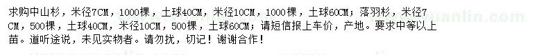 求購米徑7、10公分中山杉、落羽杉