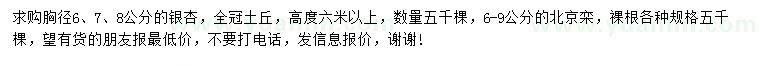 求購胸徑6、7、8公分銀杏、6-9公分北京欒