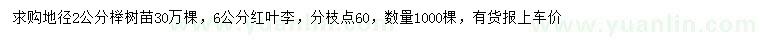 求購地徑2公分櫸樹、6公分紅葉李