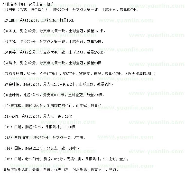 求購白蠟、國槐、臭椿等