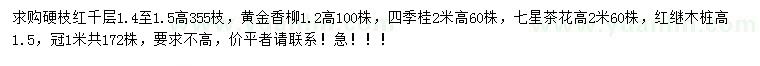 求購硬枝紅千層、黃金香柳、四季桂等