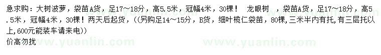 求購大樹波蘿、龍眼樹、細葉欖仁