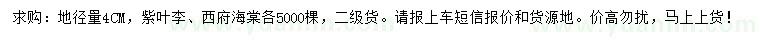求購地徑4公分紫葉李、西府海棠