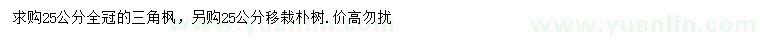 求購25公分三角楓、樸樹