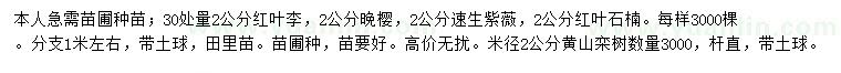 求購紅葉李、晚櫻、速生紫薇等