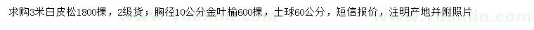 求購3米白皮松、胸徑10公分金葉榆
