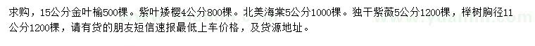 求購金葉榆、紫葉矮櫻、北美海棠等