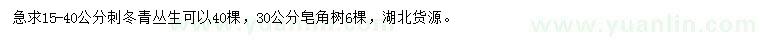 求購(gòu)15-40公分刺冬青、30公分皂角樹