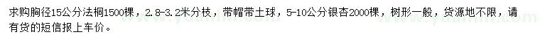 求購胸徑15公分法桐、5-10公分銀杏