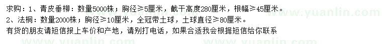 求購胸徑5公分青皮垂柳、胸徑10公分法桐