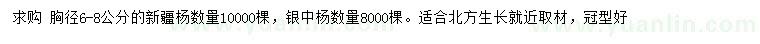 求購胸徑6-8公分新疆楊、銀中楊