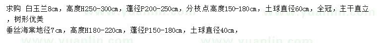 求購白玉蘭、垂絲海棠、叢生樸樹等