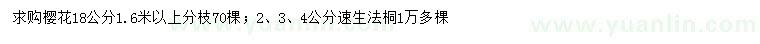 求購18公分櫻花、2、3、4公分速生法桐