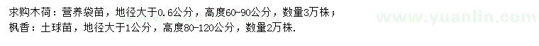 求購地徑大于0.6公分木荷、地徑大于1公分楓香