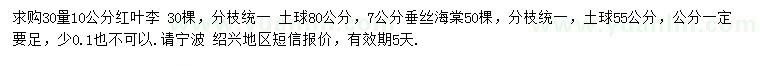 求購(gòu)30量10公分紅葉李、7公分海棠
