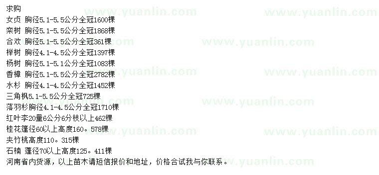 求購女貞、欒樹、合歡等
