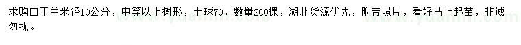 求購米徑10公分白玉蘭