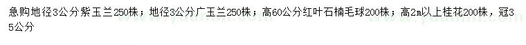 求購紫玉蘭、廣玉蘭、紅葉石楠等
