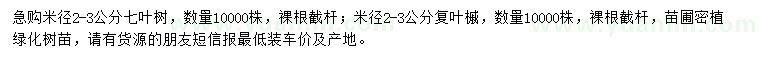 求購米徑2-3公分七葉樹、復葉槭