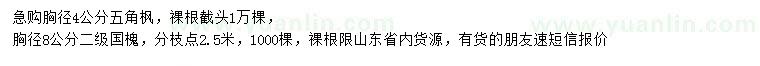 求購胸徑4公分五角楓、胸徑8公分國槐