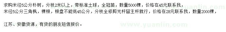 求購米徑5公分樸樹、三角楓