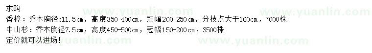 求購胸徑11.5公分香樟、7.5公分中山杉