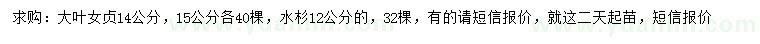 求購14、15公分大葉女貞、12公分水杉