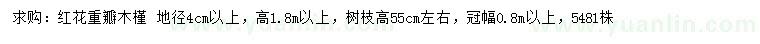 求購(gòu)地徑4公分以上紅花重瓣木槿 
