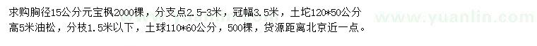 求購胸徑15公分元寶楓、高5米油松