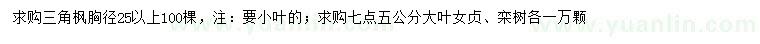 求購三角楓、大葉女貞、欒樹(shù)