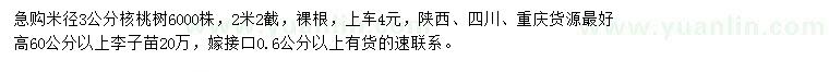 求購米徑3公分核桃樹(shù)、高60公分以上李子苗
