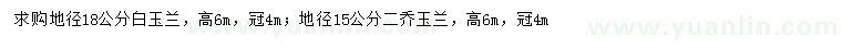 求購地徑18公分白玉蘭、15公分二喬玉蘭