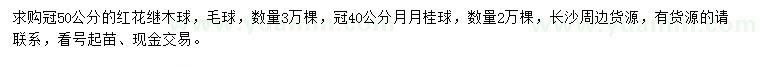 求購冠50公分紅花繼木球、冠40公分月月桂球