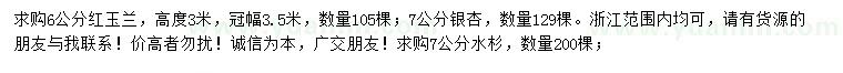求購紅玉蘭、銀杏、水杉等
