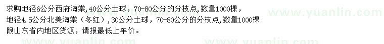 求購地徑6公分西府海棠、地徑4.5公分北美海棠