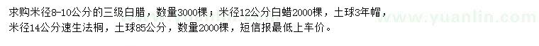 求購米徑8-10、12公分白蠟、米徑14公分速生法桐