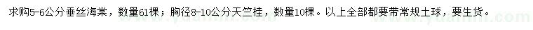 求購5-6公分垂絲海棠、胸徑8-10公分天竺桂
