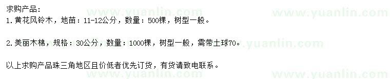 求購11-12公分黃花風(fēng)鈴木、30公分美麗木棉