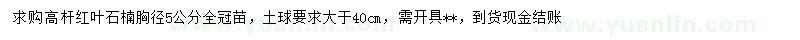 求購胸徑5公分高桿紅葉石楠