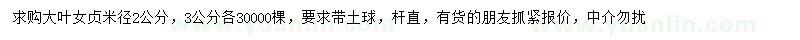 求購(gòu)米徑2、3公分大葉女貞